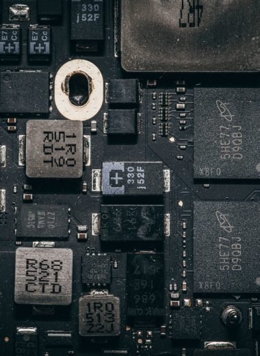 Detailed close-up of a computer circuit board highlighting electronic components and intricate design.